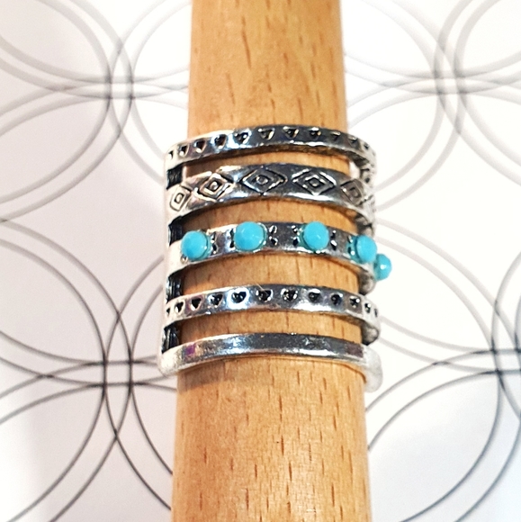 Boho Turqouise 5 Layered Silver Plated Ring - Picture 7 of 10